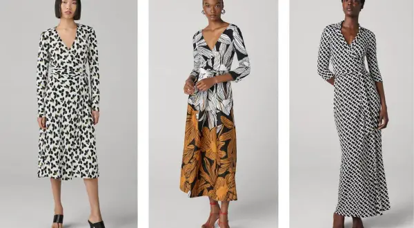 Tre abiti portafoglio con stampe diverse: farfalle, fiori e motivi geometrici.