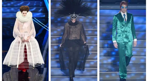 Tre look audaci sul palco di Sanremo: un abito rosa con crinolina, un completo nero trasparente con piume e un completo verde smeraldo.