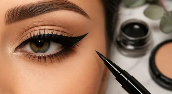 Occhio con eyeliner nero definito, pennarello per trucco e prodotti per il make-up. Impara come mettere eyeliner per uno sguardo magnetico.