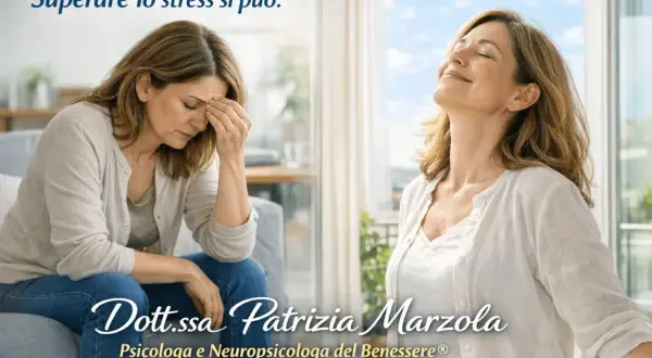Donna sofferente per lo stress, poi serena e rilassata. Dott.ssa Patrizia Marzola, psicologa, ti aiuta a curare lo stress.