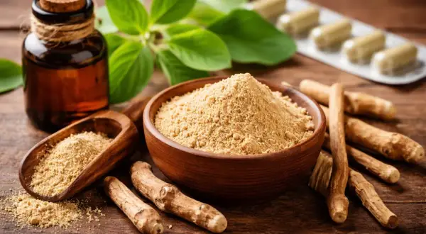 Radici, polvere e capsule di ashwagandha. Informazioni su possibili ashwagandha effetti collaterali.