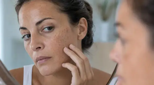 Donna si guarda allo specchio, toccandosi il viso dove si notano molte lentiggini. Cosa sono le lentiggini? Piccoli accumuli di melanina.
