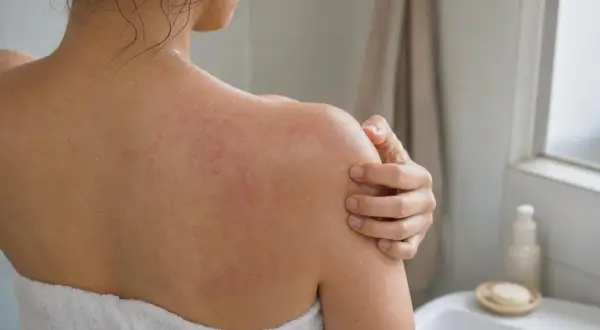 Donna con eruzione cutanea rossa e pruriginosa sulla schiena e sulle spalle, che si gratta dopo la doccia.