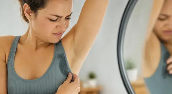 Donna con espressione di disagio controlla le ascelle bagnate, sintomo di sudore acido e stress.