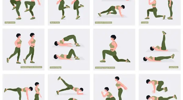 Esercizi per allenare i glutei: high knees, butt kicks, mountain climbers, lunges, glute bridge, donkey kicks e altri per rassodare i glutei.