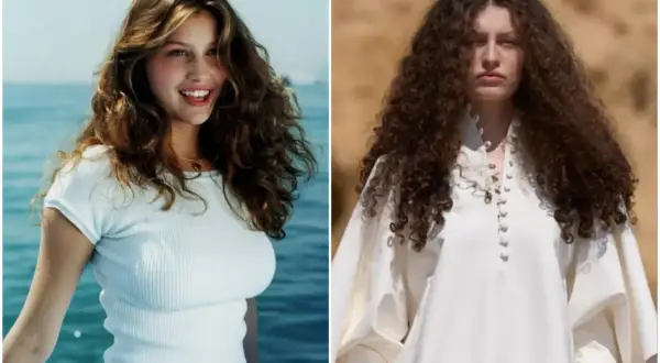 Due immagini affiancate: a sinistra, una giovane donna sorridente con capelli mossi e maglietta bianca; a destra, la stessa persona, Athena Accorsi oggi, con capelli ricci e abito bianco.