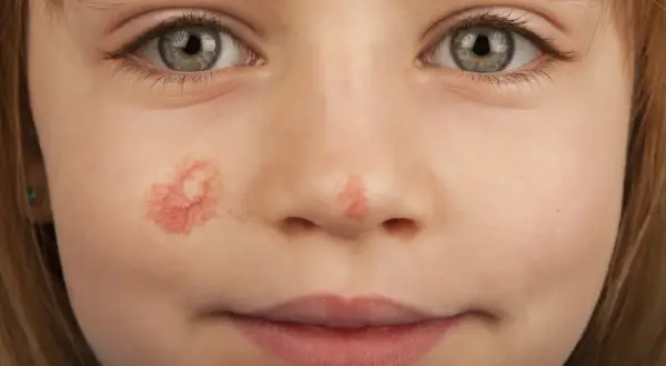 Primo piano del viso di una bambina con un angioma rubino sulla guancia. Si cercano rimedi naturali per questa condizione.