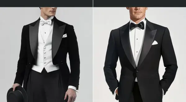 Uomo in abito da sera con giacca a coda di rondine e papillon nero, perfetto per un evento con **black tie dress code**.