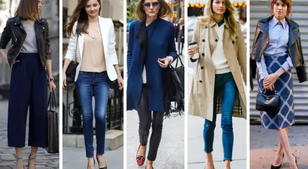 Cinque donne mostrano come vestirsi bene con outfit eleganti: giacche in pelle, blazer, cappotti, jeans e gonne.