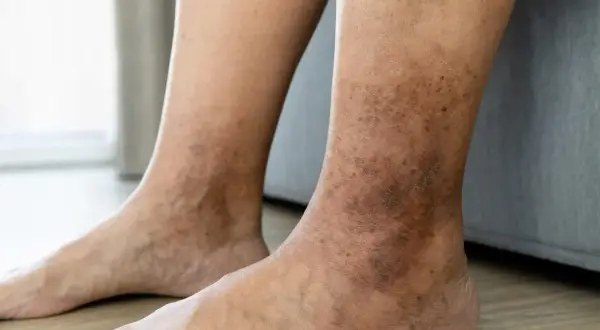 Gambe e caviglie con macchie scure e arrossate, che suggeriscono un forte prurito alle caviglie.