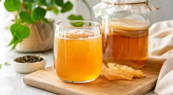 Bicchiere di kombucha frizzante accanto a un barattolo fermentato. Attenzione alle controindicazioni del kombucha per alcuni soggetti.