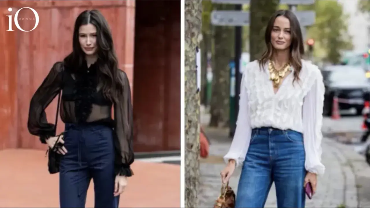 Due donne indossano camicie con rouches: una nera trasparente con pantaloni blu, l'altra bianca con jeans e maxi collana.