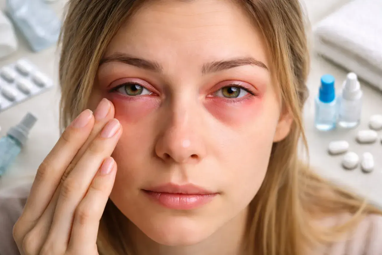Ragazza con occhi gonfi al mattino, che si tocca il viso. Sullo sfondo, confezioni di medicinali e flaconi.