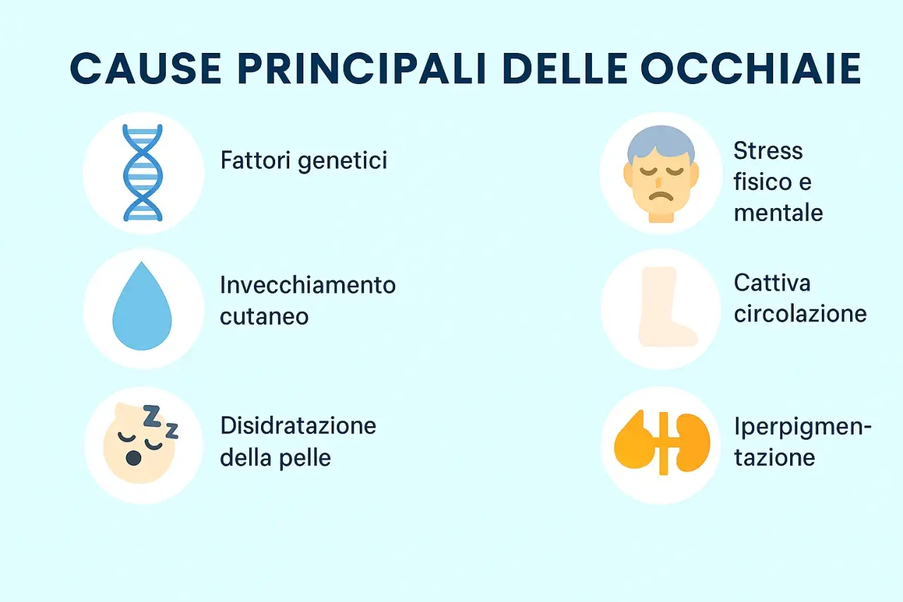 Cause occhiaie: genetica, invecchiamento, disidratazione, stress, cattiva circolazione, iperpigmentazione.