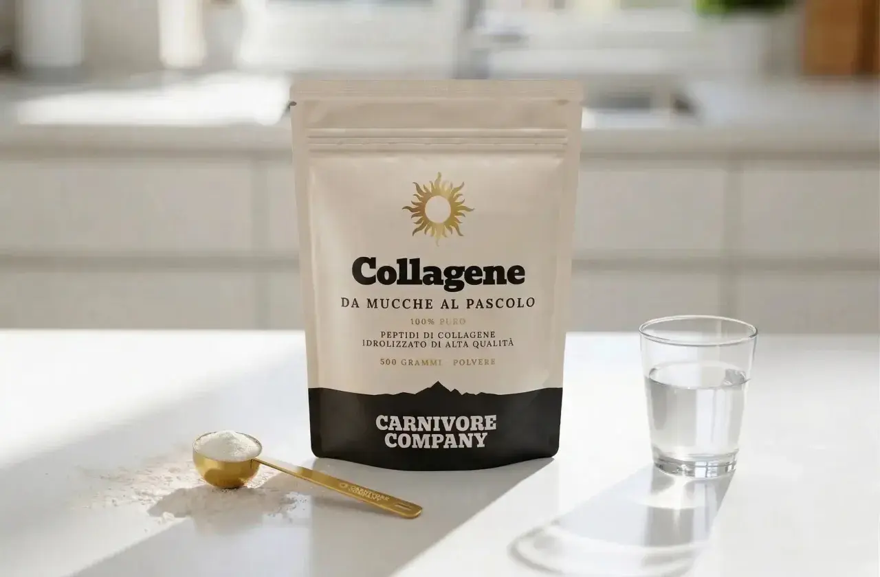 Busta di collagene da mucche al pascolo, con misurino dorato e bicchiere d'acqua. Nessun dato indica che il collagene fa male al fegato.