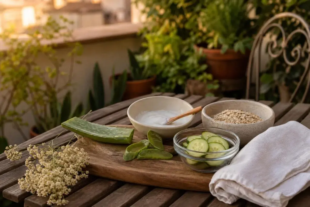 Aloe, cetriolo e avena: ingredienti naturali per lenire il prurito. Una ciotola con crema, fiorellini secchi e un asciugamano completano la scena.
