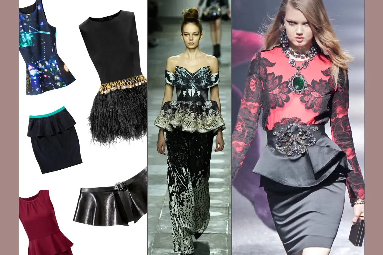 Modelli con baschina: abiti, gonne e cinture eleganti.