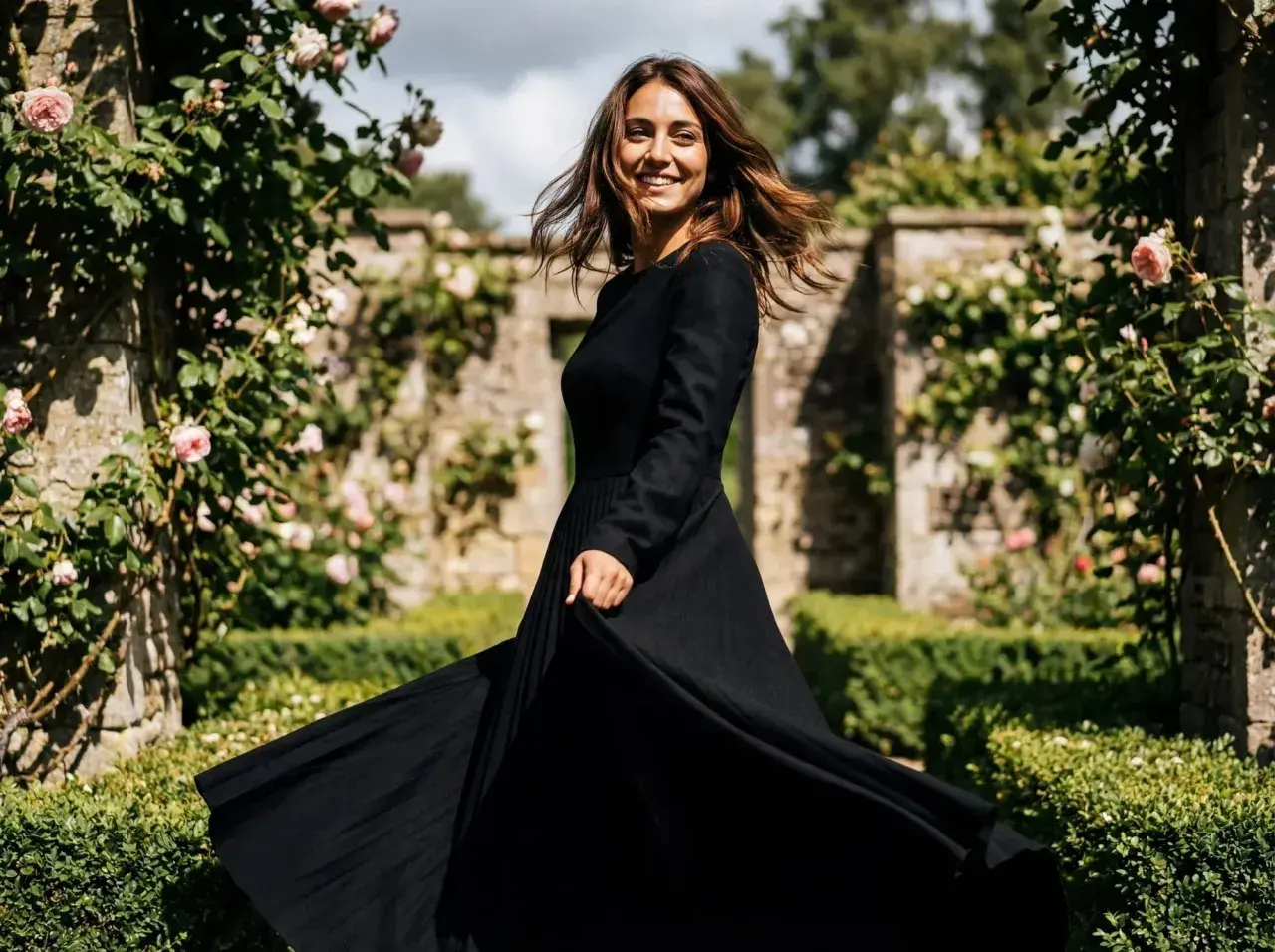 Donna sorridente in un abito con gonnellone lungo nero, che volteggia in un giardino fiorito con rose rosa e un muro di pietra.