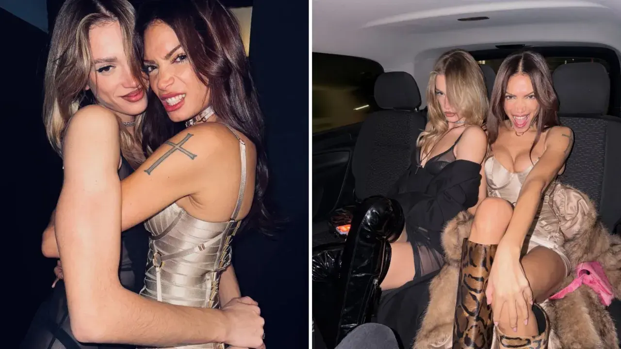 Elodie e Francesca, pronte per una serata, si abbracciano e posano in auto.