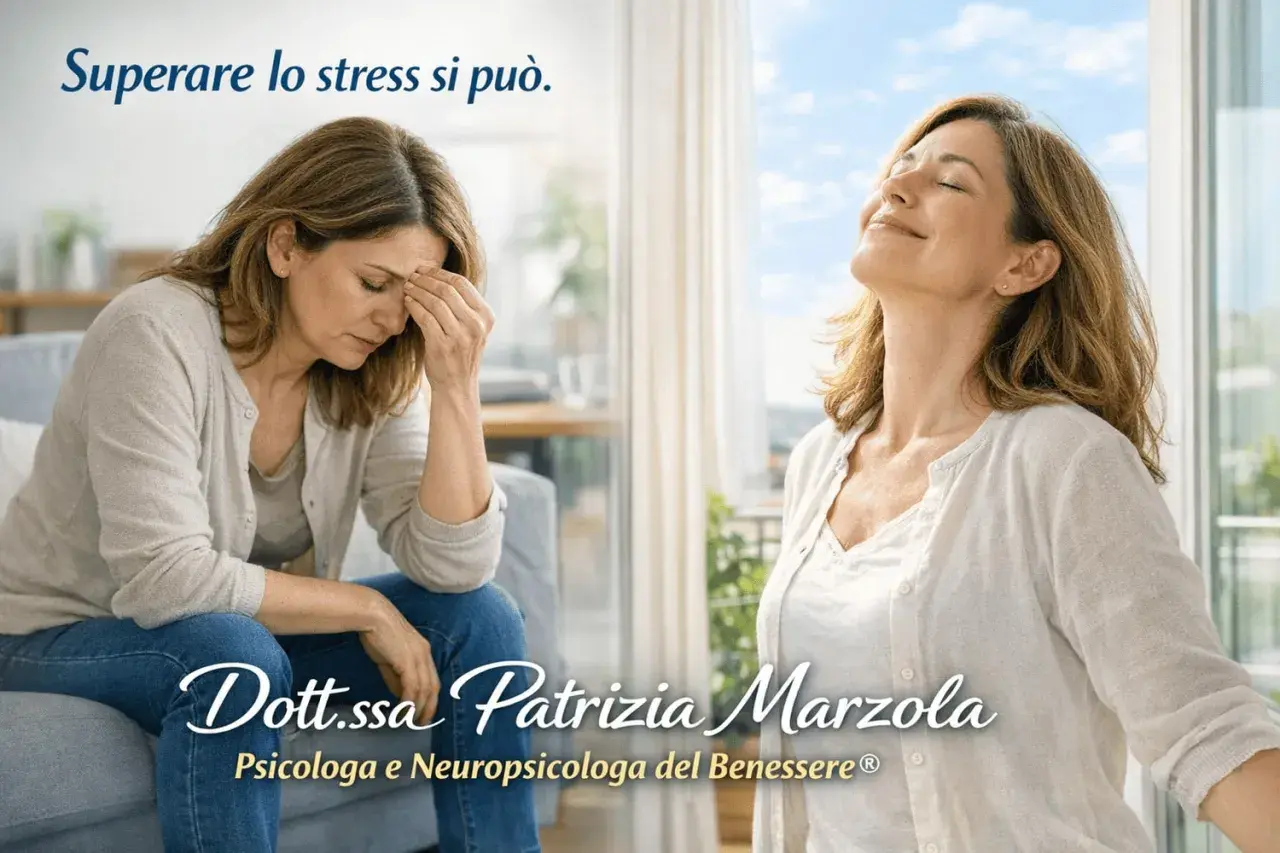 Donna sofferente per lo stress, poi serena e rilassata. Dott.ssa Patrizia Marzola, psicologa, ti aiuta a curare lo stress.