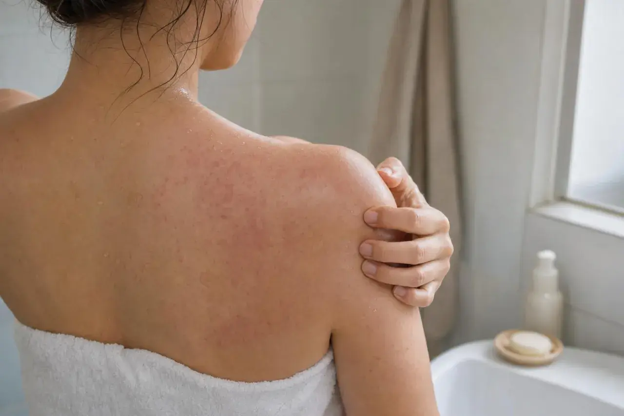 Donna con eruzione cutanea rossa e pruriginosa sulla schiena e sulle spalle, che si gratta dopo la doccia.