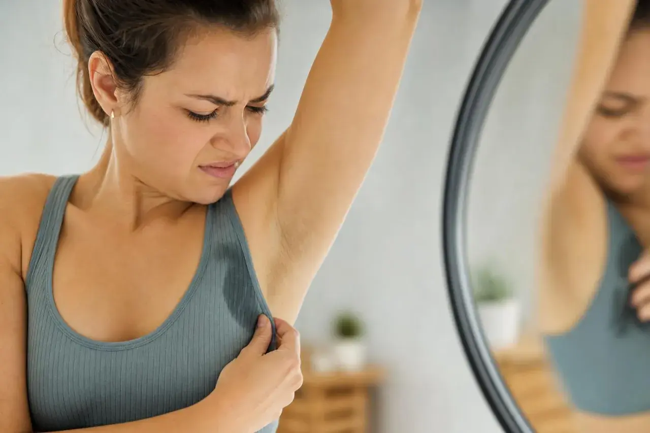 Donna con espressione di disagio controlla le ascelle bagnate, sintomo di sudore acido e stress.