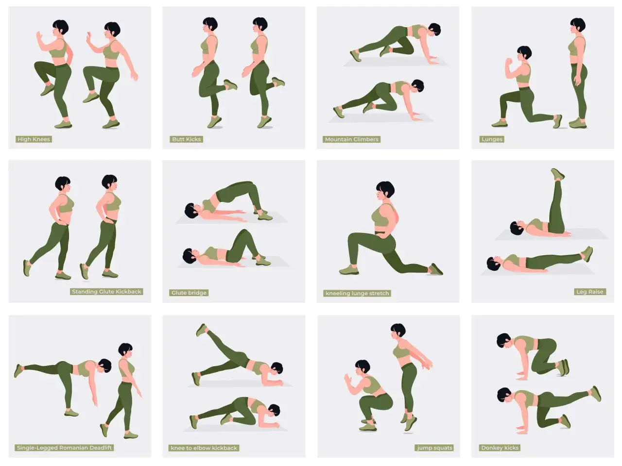 Esercizi per allenare i glutei: high knees, butt kicks, mountain climbers, lunges, glute bridge, donkey kicks e altri per rassodare i glutei.