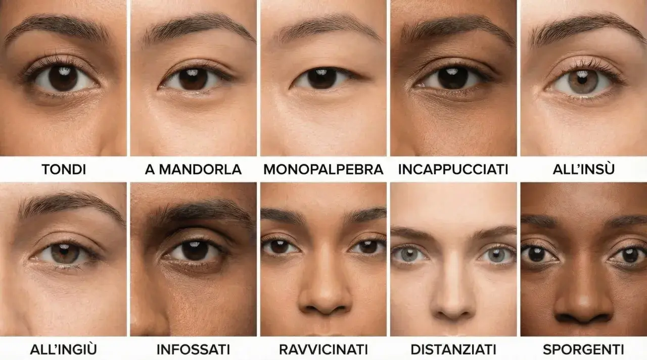Dieci tipi di occhi diversi: tondi, a mandorla, monopalpebra, incappucciati, all'insù, all'ingiù, infossati, ravvicinati, distanziati, sporgenti.