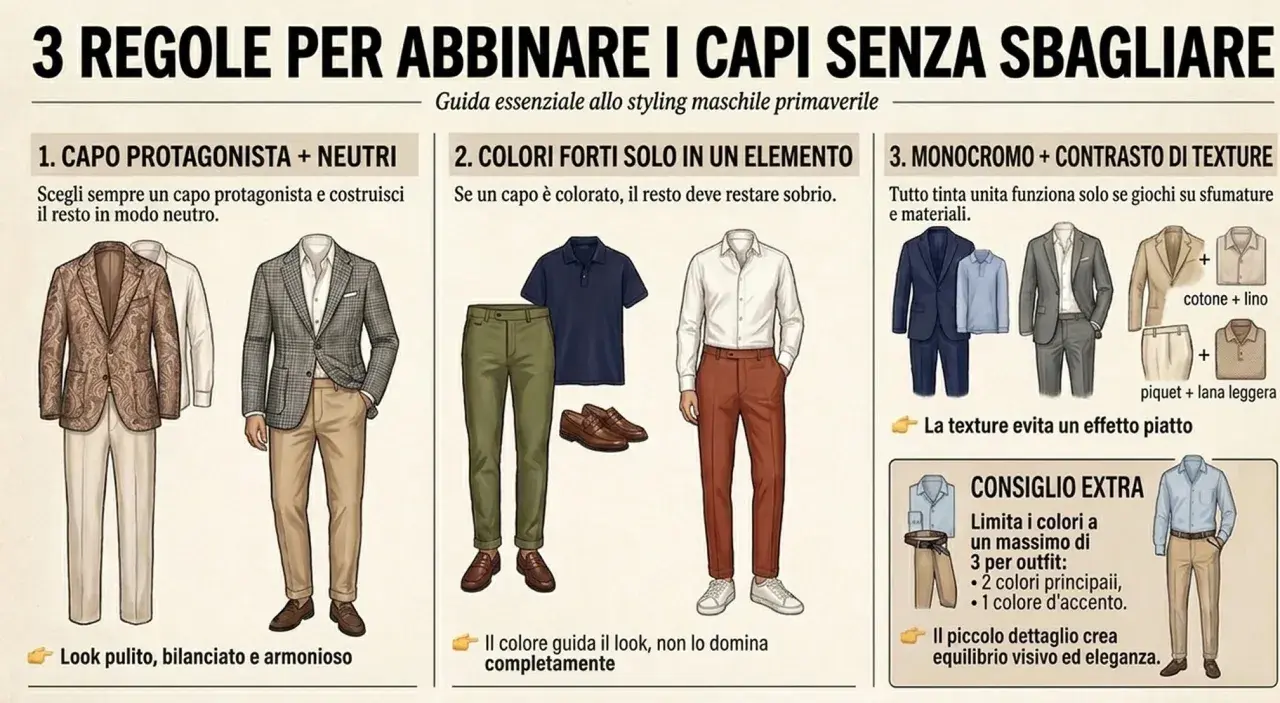 Illustrazione di outfit maschili: un completo con giacca a righe, un look con pantalone colorato e polo, e abbinamenti monocromatici con texture diverse.