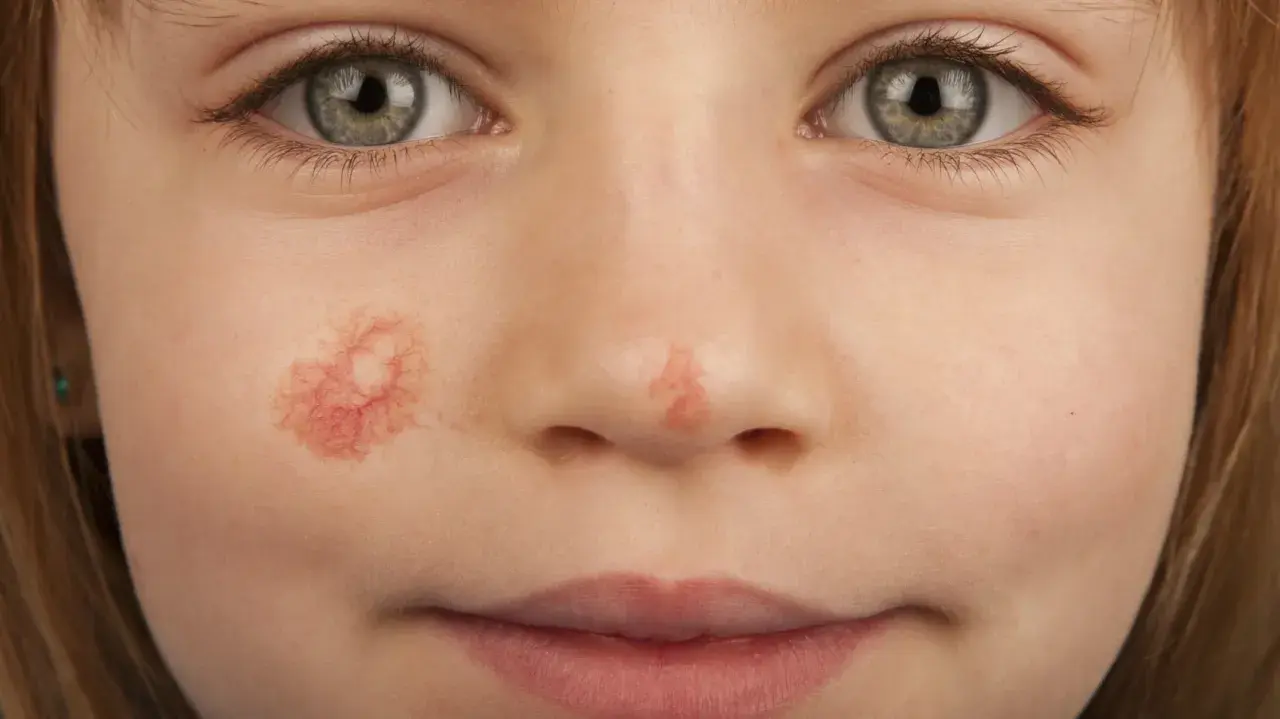 Primo piano del viso di una bambina con un angioma rubino sulla guancia. Si cercano rimedi naturali per questa condizione.
