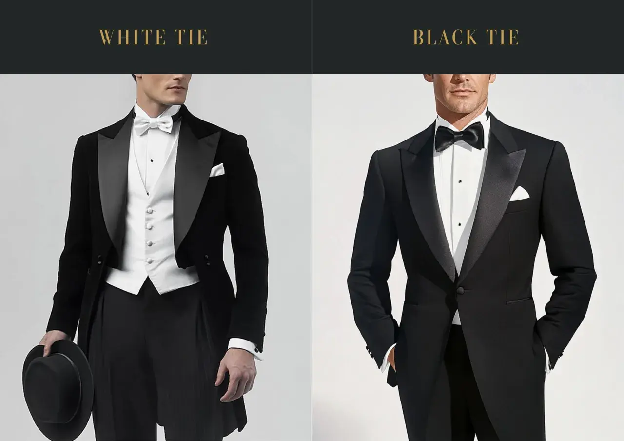 Uomo in abito da sera con giacca a coda di rondine e papillon nero, perfetto per un evento con **black tie dress code**.