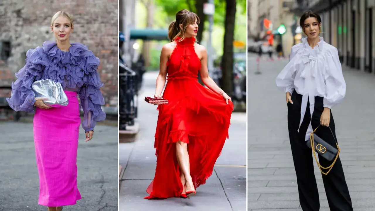 Tre donne con abiti eleganti: una con una blusa viola con maniche a volant, una in un abito rosso svolazzante e una con una camicia bianca con fiocco e maniche a volant.