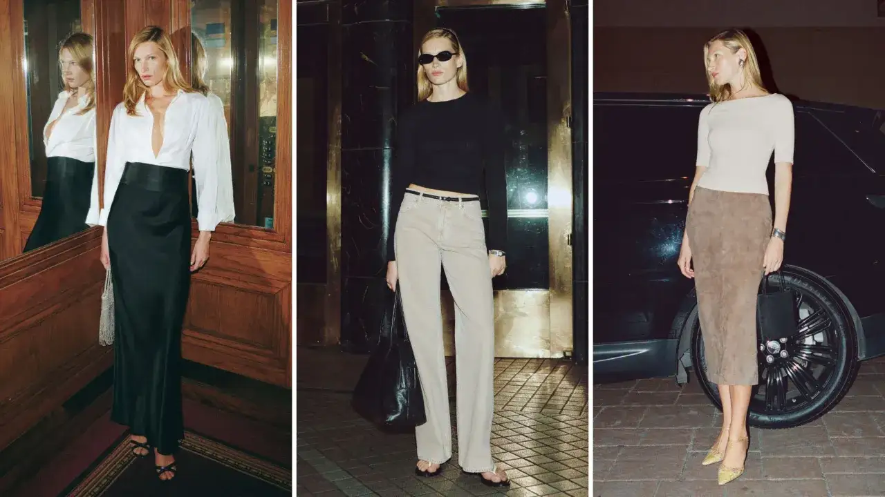 Tre look eleganti e minimalisti, ispirati allo stile Carolyn Bessette: abiti lunghi, pantaloni a vita alta e gonne midi.