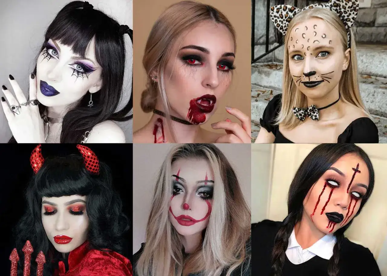 Six Halloween makeup looks: spiderweb eyes, vampire, leopard, devil, clown, and bloody cross.
