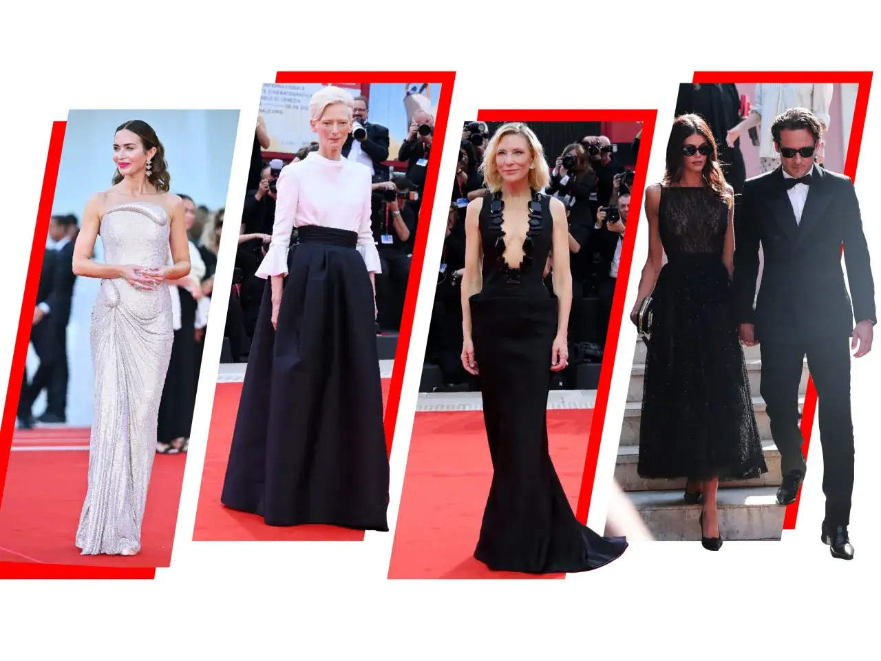 Eleganza sul red carpet di look Venezia: attrici e attori sfoggiano abiti da sogno.