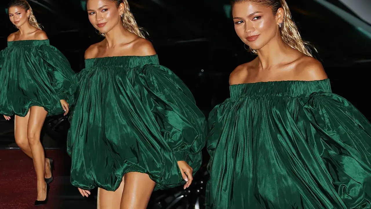 Zendaya indossa un abito palloncino verde smeraldo con maniche a sbuffo, un look audace e scenografico.