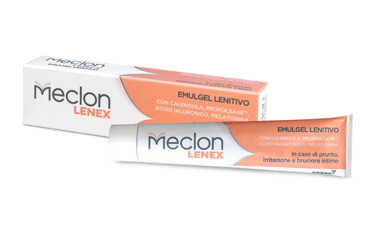 Meclon Lenex Emulgel Lenitivo: rimedi naturali per prurito intimo esterno sulle grandi labbra. Con calendula, acido ialuronico.