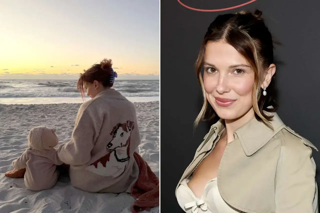 Millie Bobby Brown, con la sua figlia, guarda il tramonto sulla spiaggia. A destra, Millie Bobby Brown sorride.