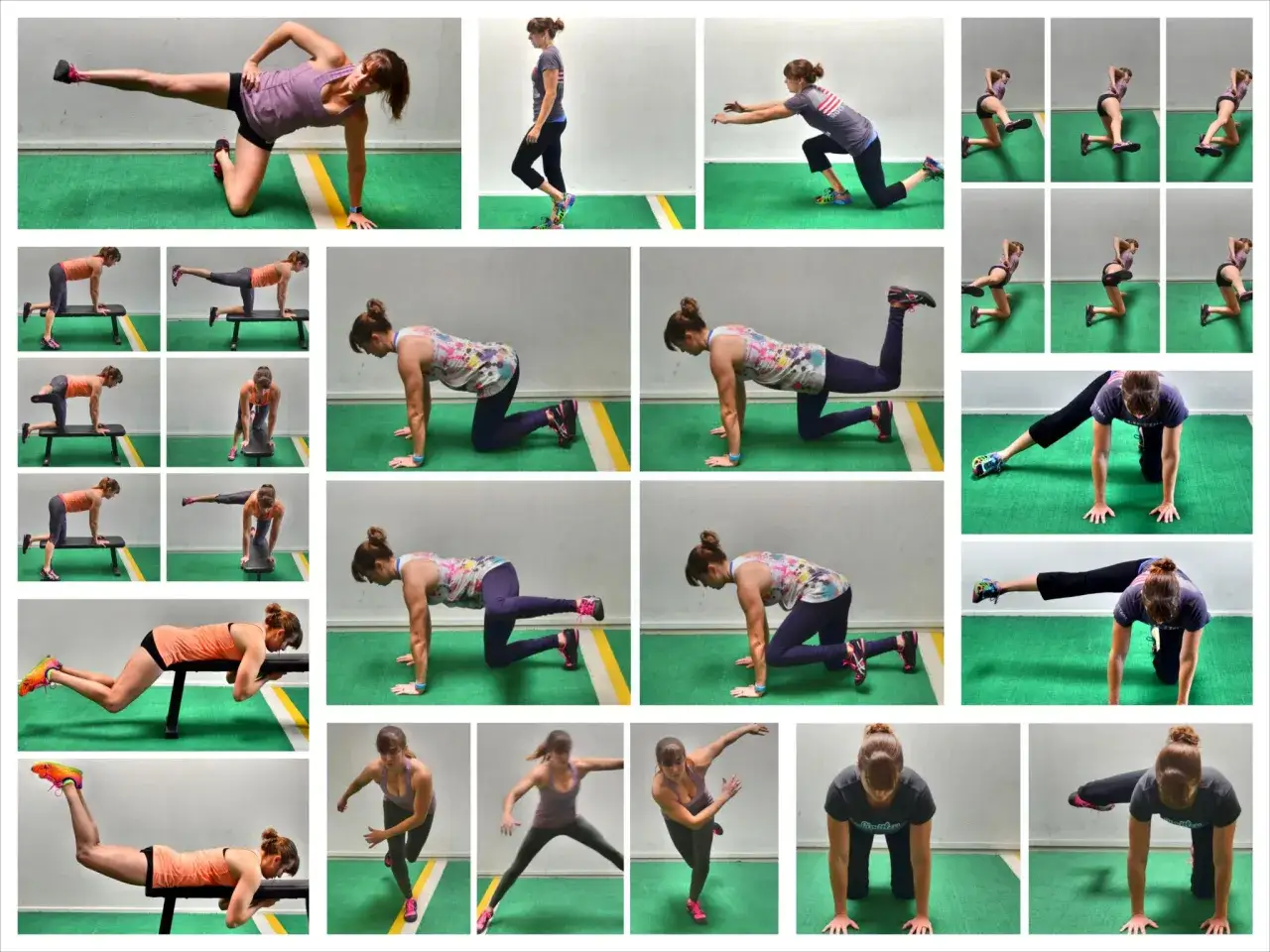 Esercizi per rassodare i glutei: donna in varie posizioni, su panca e a terra, per tonificare.