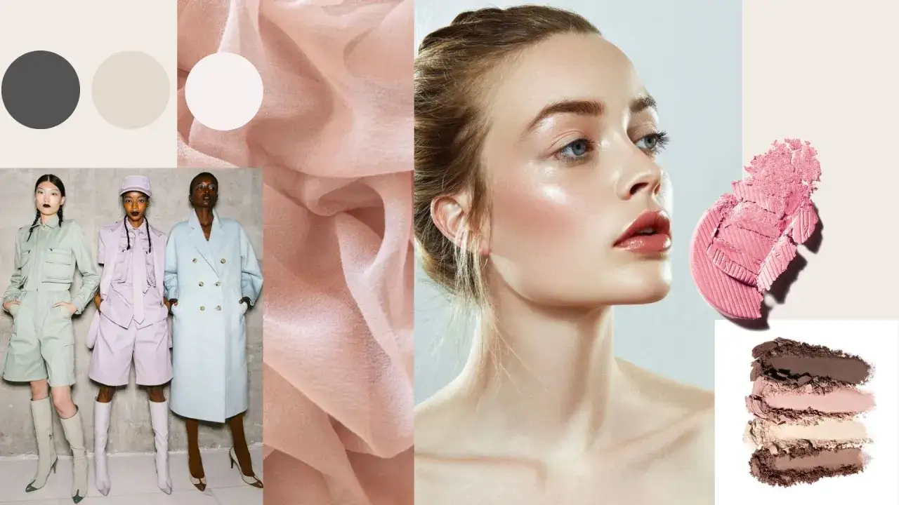 Modelli con abiti pastello, tessuto rosa cipria e un primo piano di un viso con carnagione media e trucco luminoso.