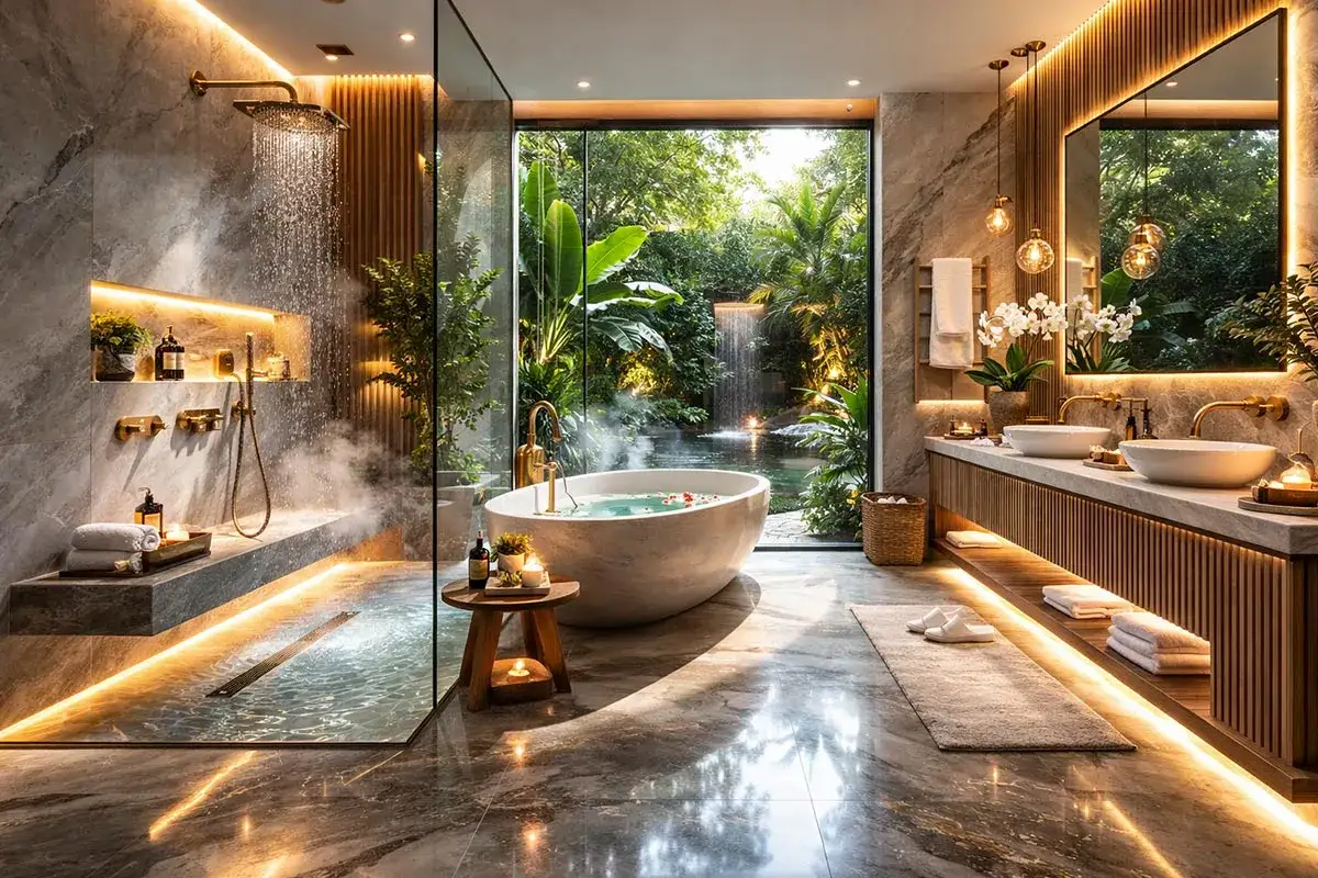 Bagno lussuoso con vasca e doccia a cascata, vista su giardino tropicale. Un'esperienza di benessere che inizia con una doccia fredda rigenerante.