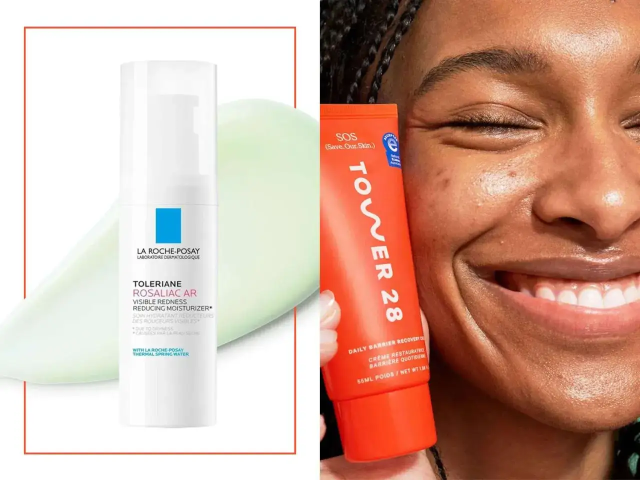 Una donna sorride con le guance rosse e calde, tenendo in mano un tubetto di crema. Accanto, una confezione di crema La Roche-Posay.