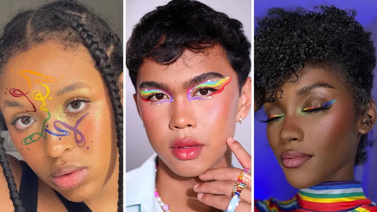Tre volti celebrano il make-up arcobaleno, un'esplosione di colori che esprime gioia e make up pride.