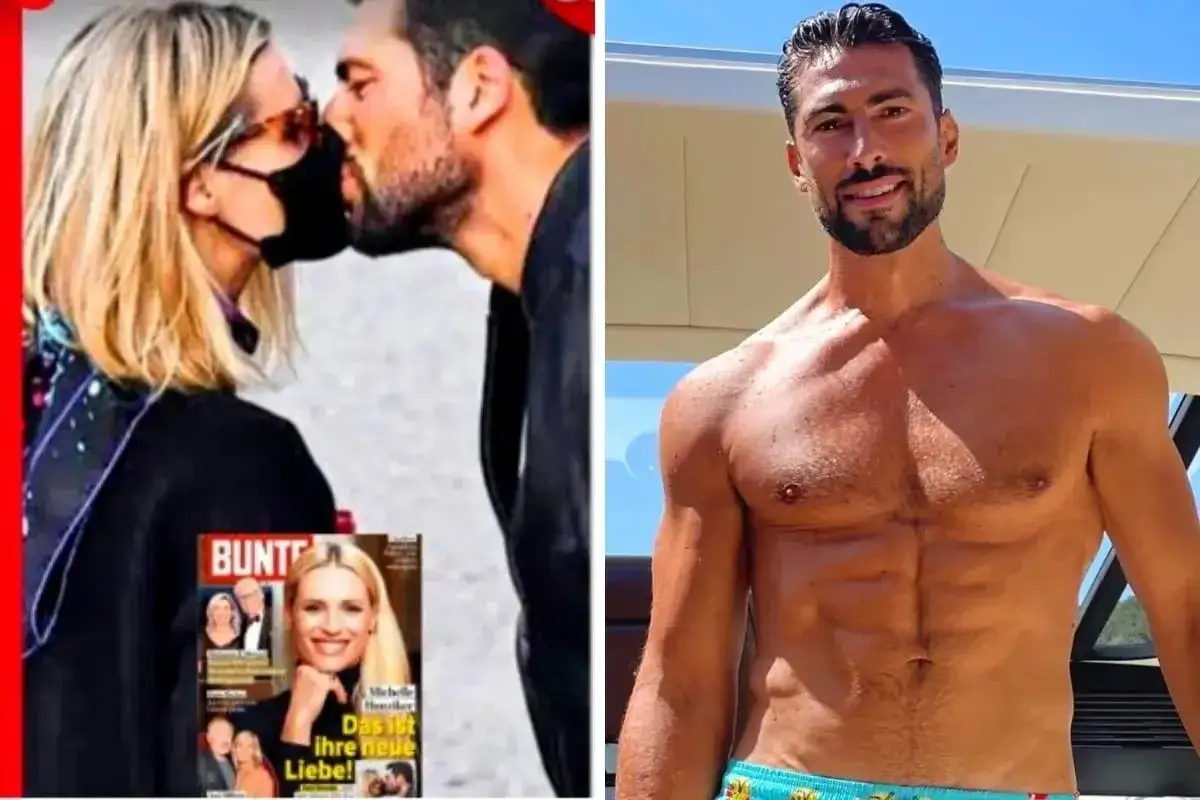 Michelle Hunziker e il suo compagno si baciano, mentre a destra un uomo muscoloso sorride.