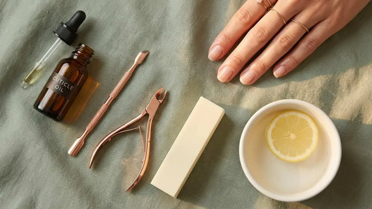 Set per manicure con olio per cuticole, strumenti in rame e una mano con unghie curate. Le cuticole lunghe sono pronte per essere trattate.