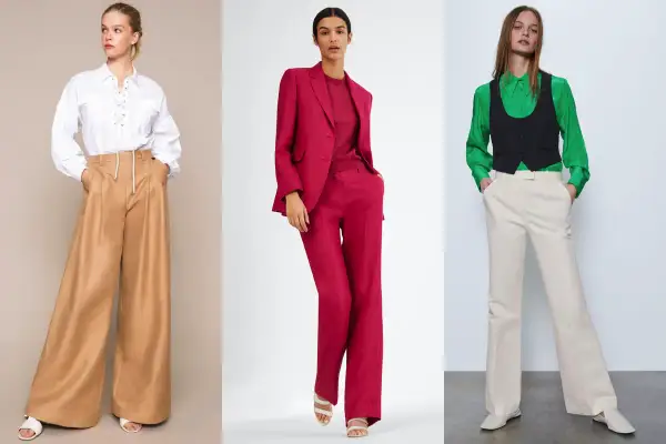 Tre modi per abbinare pantaloni di lino: con camicia bianca e sandali, con blazer e top coordinati, o con camicia verde e gilet.