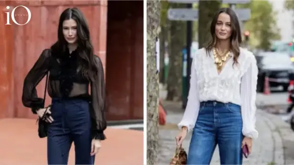Due donne indossano camicie con rouches: una nera trasparente con pantaloni blu, l'altra bianca con jeans e maxi collana.