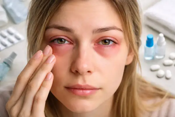 Ragazza con occhi gonfi al mattino, che si tocca il viso. Sullo sfondo, confezioni di medicinali e flaconi.