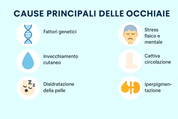 Cause occhiaie: genetica, invecchiamento, disidratazione, stress, cattiva circolazione, iperpigmentazione.