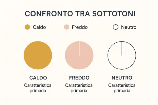 Confronto tra tonalità di pelle: caldo (giallo ocra), freddo (rosa pallido) e neutro (cerchio vuoto).